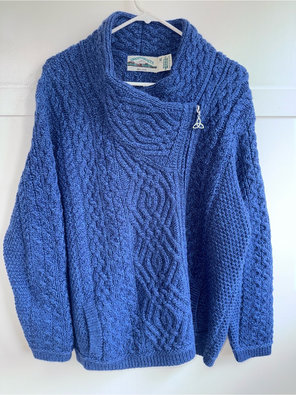 Aran Crafts Ireland 100% Merino Wool Size XL Cable Knit Cardigan Sweater Blue